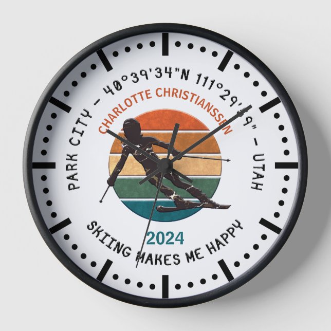 Horloge Ski Park City, Utah - Femme skieuse, Texte noir (Recto)