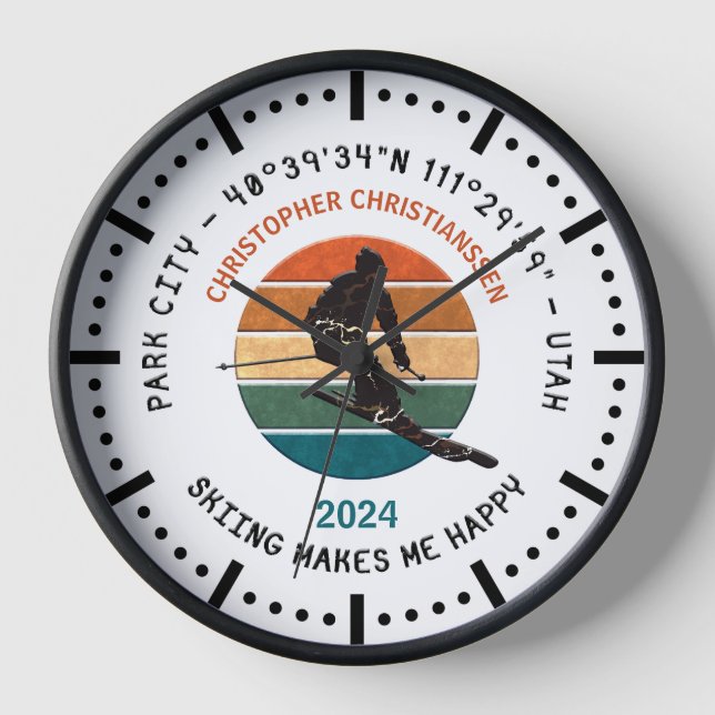 Horloge Ski Park City, Utah - Man Skier, Texte noir (Recto)