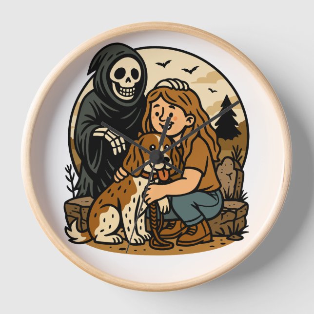 Horloge Spooky Grim Reaper with Girl and Dog Skeleton Art  (Recto)