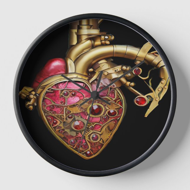 Horloge Steampunk Coeur Anatomique rubis et engrenages (Recto)