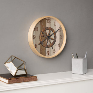 Horloge Stripes et Ancres nautiques en bois rustique