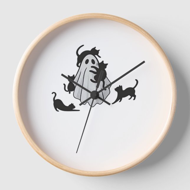 Horloge T-shirt classique de chats noirs et fantômes (Recto)