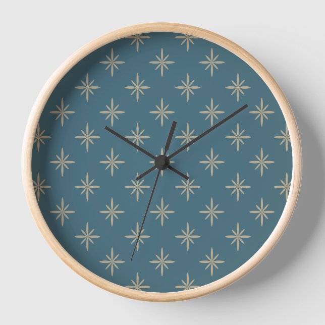 Horloge Tan Starburts sur Blue Atomic Mid Century Motif (Recto)