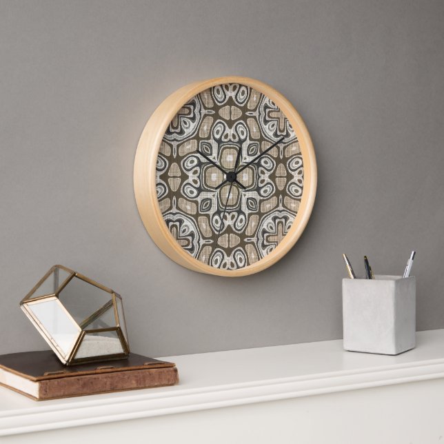 Horloge Taupe Brown Gris Beige Hip Bohême Art Motif (Bureau)