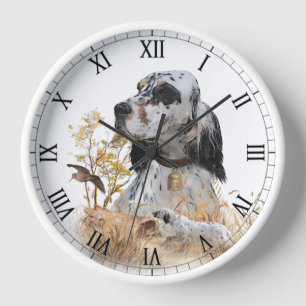 Horloge Tri Couleur Anglais Setter Art, chasse en bois