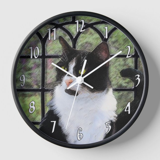 Horloge Tuxedo Chat dans la peinture de fenêtre Art animal (Recto)
