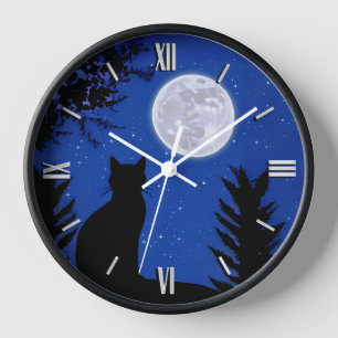 Horloge Un chat qui regarde à la Pleine lune