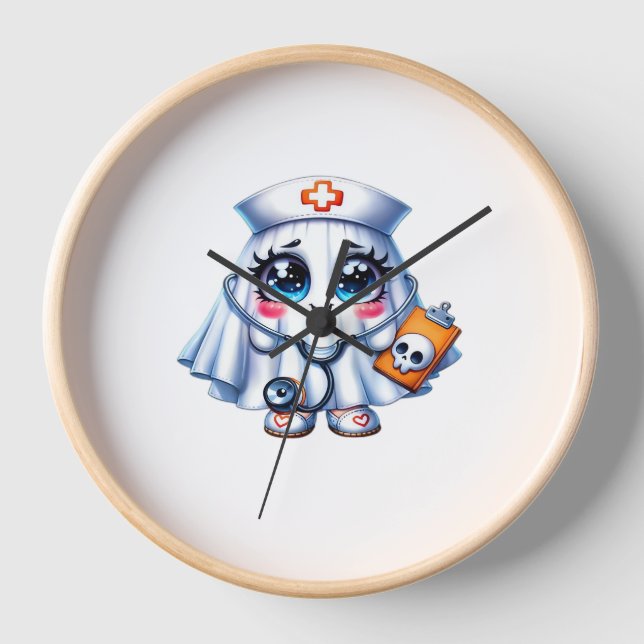 Horloge Un mignon fantôme d'Halloween en uniforme d'infirm (Recto)
