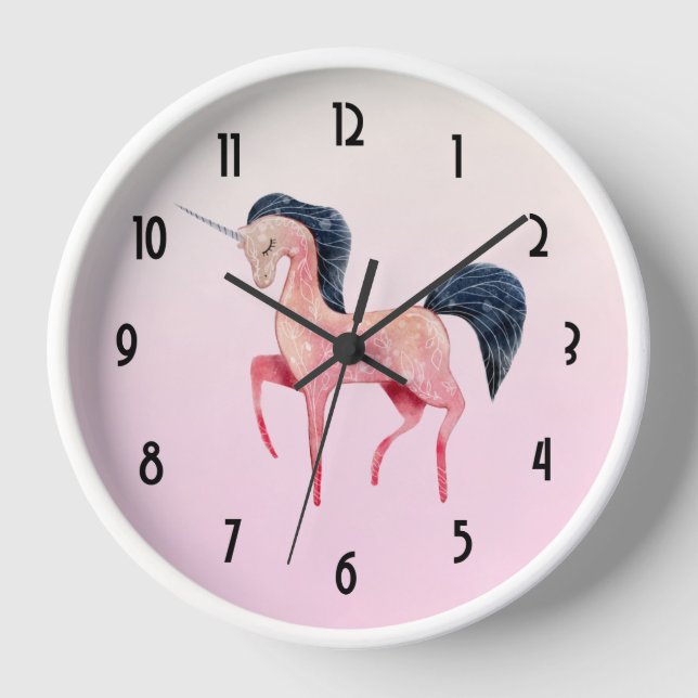 Horloge Unicorne nordique rose avec Mane noir (Recto)