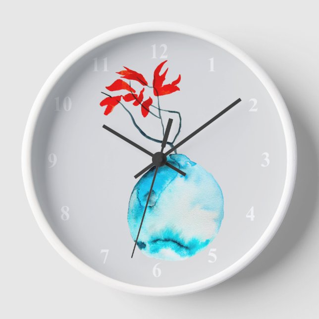 Horloge Vase bleu Ikebana aquarelle (Recto)