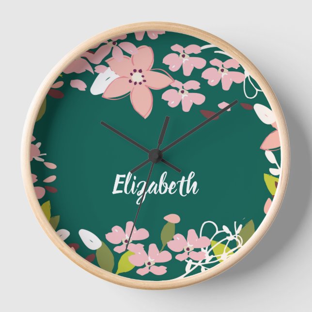 Horloge Vert avec fleurs roses Personnalisé (Recto)