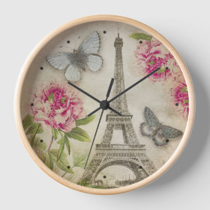 Horloge vintage de pivoines de Tour Eiffel de