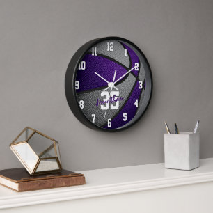 Horloge violet gris garçons filles basketball personnalisé