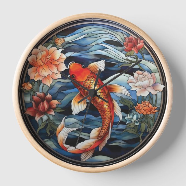 Horloge Vitrail asiatique style Koi Poisson et Camellias (Recto)