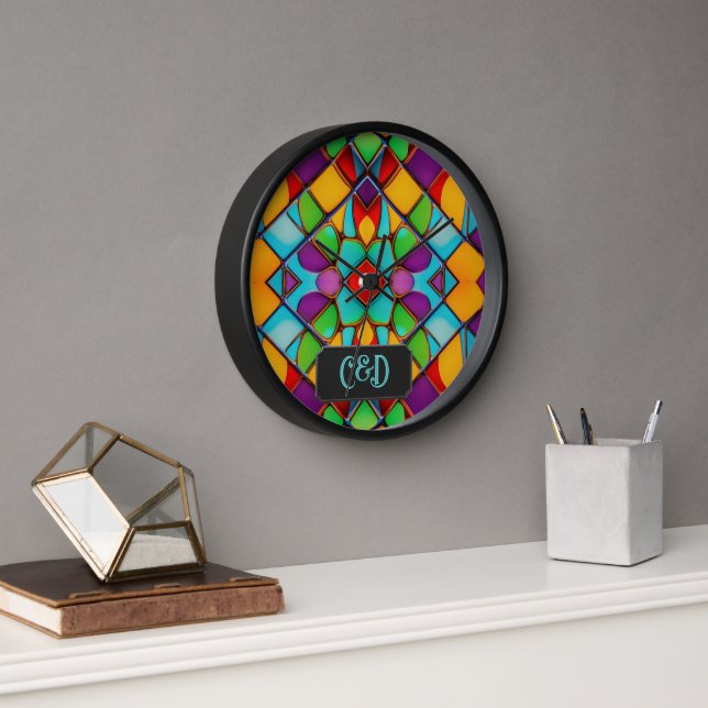 Horloge Vitrail - Carreaux colorés - Monogramme (Bureau)