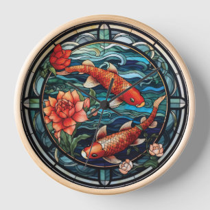Horloge Vitraux de style asiatique Koi Fish et Camélias