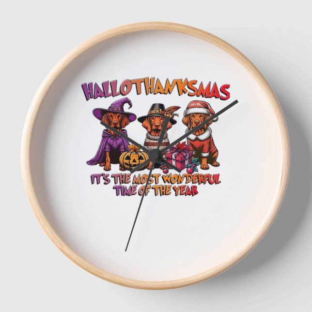 Horloge Vizsla Halloween Thanksgiving Noël Classique T- (Recto)