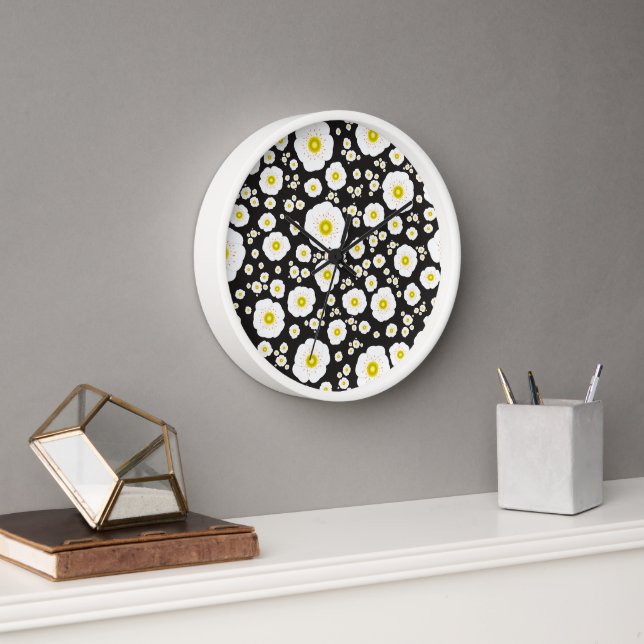 Horloge White Poppies Wood Framed Clock (Bureau)