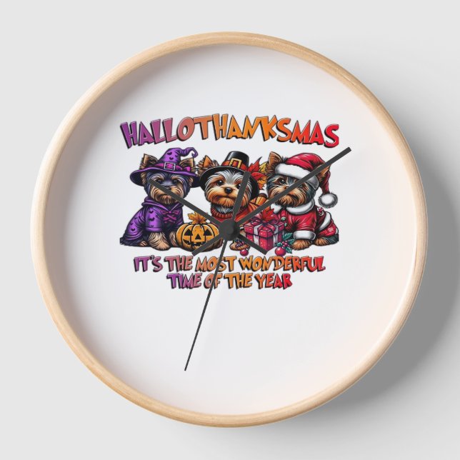 Horloge Yorkshire Terrier Halloween Thanksgiving Noël (Recto)