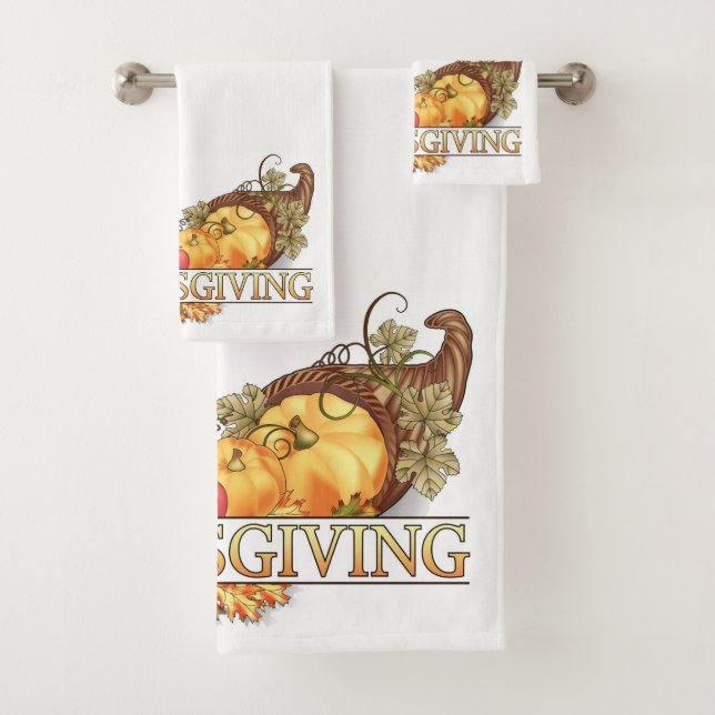 Horn of Plenty Thanksgiving On White Bath Towel Set (Insitu)