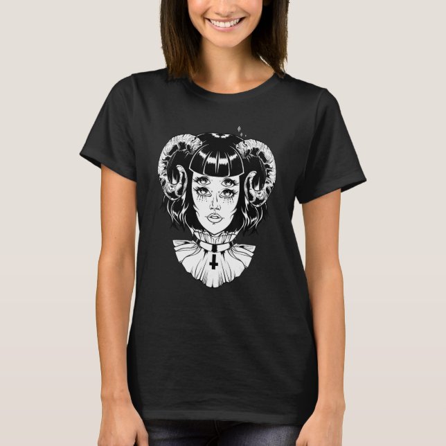 Horned Devil Satanic Halloween Glitch Goth Emo Pun T-Shirt (Front)