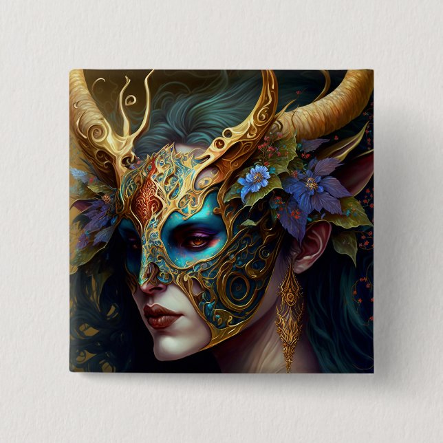 Horned Elf Woman Fantasy Art 2 Inch Square Button (Front)