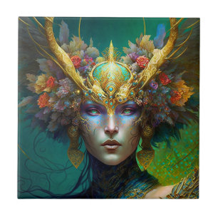 Horned Elf Woman Fantasy Art Ceramic Tile