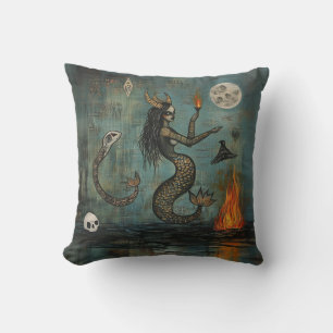 Horned Mermaid Moon Occult Dark Witchy AI Art Throw Pillow