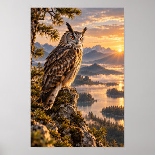 Horned Owl at Golden Mountain Sunset Wildlife Wall Poster