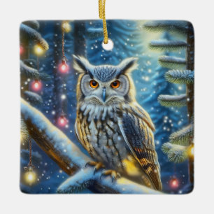 Horned Owl In Snow Covered Forest Ceramic Ornament
