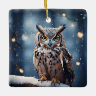 Horned Owl In Snow Covered Forest Ceramic Ornament