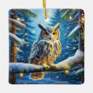 Horned Owl In Snow Covered Forest  Ceramic Ornament