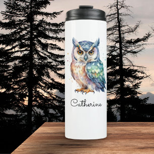 Horned Owl Watercolor Personalized Thermal Tumbler