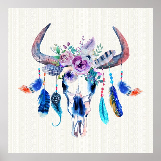 Horns And Flowers On Bull Skull Poster (Front)