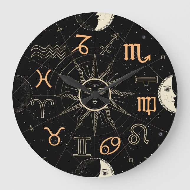 Horoscope circle, Zodiac signs, vintage. Large Clock (Front)