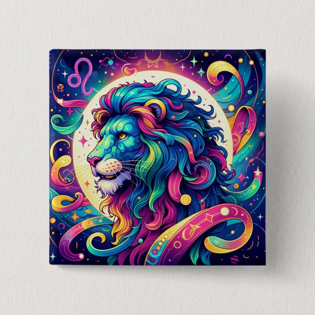 Horoscope sign Leo | Colourful Lion Art 2 Inch Square Button (Front)