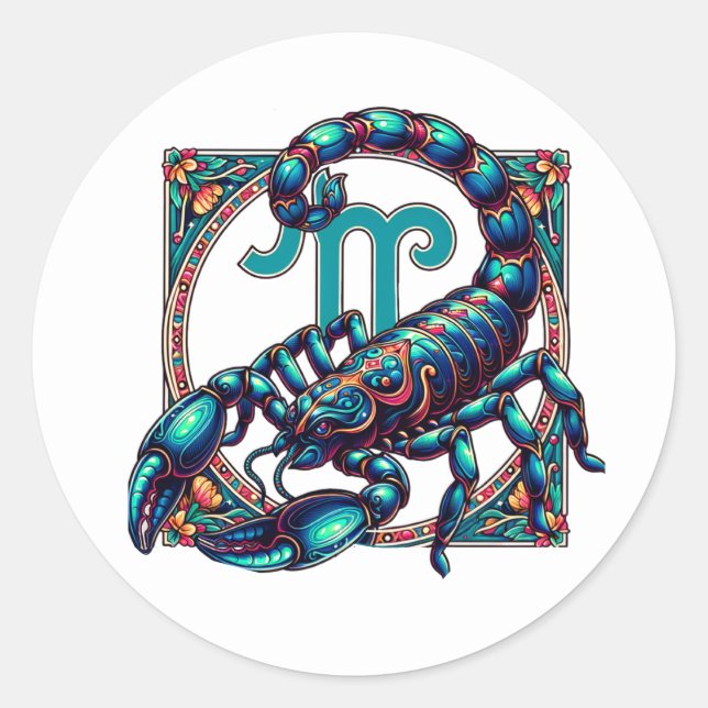 Horoscope Sign Scorpio | Blue Scorpion Classic Round Sticker (Front)