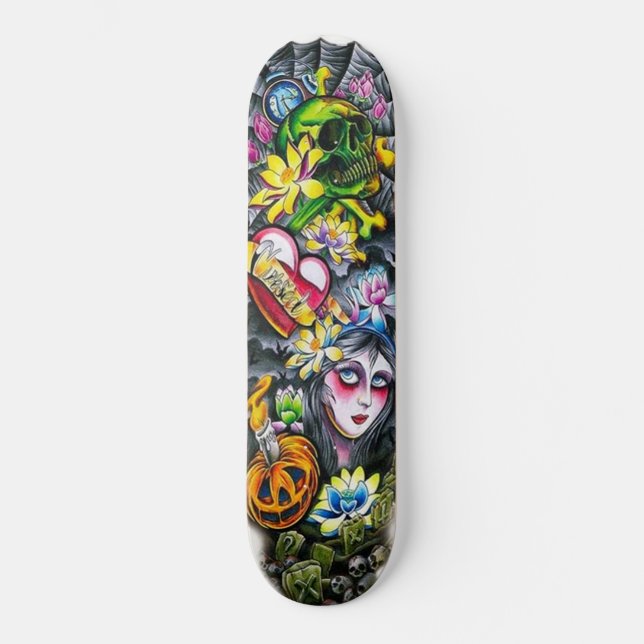 Horreur Crâne Fleurs Coeur Citrouille Skateboard (Recto)