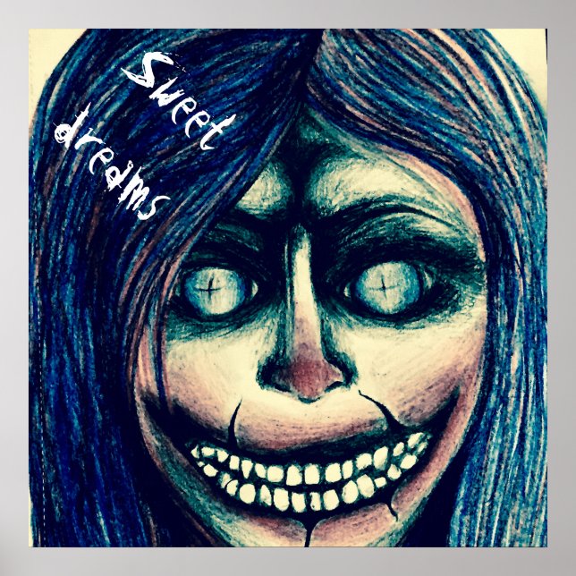 Horror art poster - creepy grinning clown woman (Front)