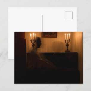 Horror ghosts in room. dancing couple postcard