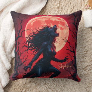 Horror Halloween Werewolf Lady Full Moon  Throw Pillow