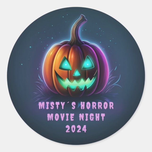 Horror movie night neon jack o lantern classic round sticker (Front)