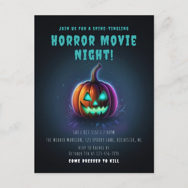 Horror movie night neon jack o lantern invitation postcard (Front)