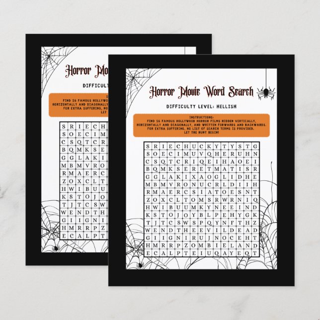 Horror Movie Word Search for Adult Halloween Party (Front/Back)