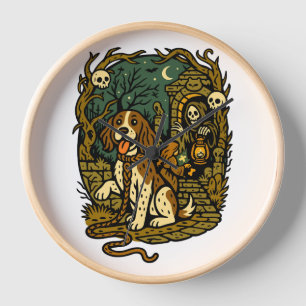 Horror Spooky Skeleton Dog Aesthetic Clock