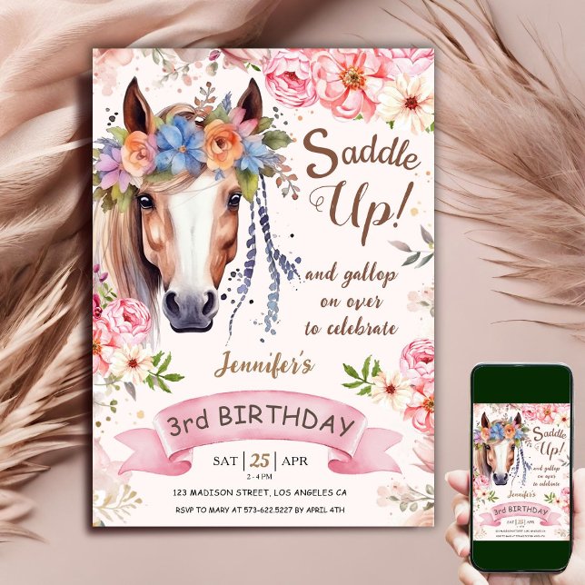 Horse 3rd Birthday Girl Boho Flowers Saddle Up Invitation (Creator Uploaded)