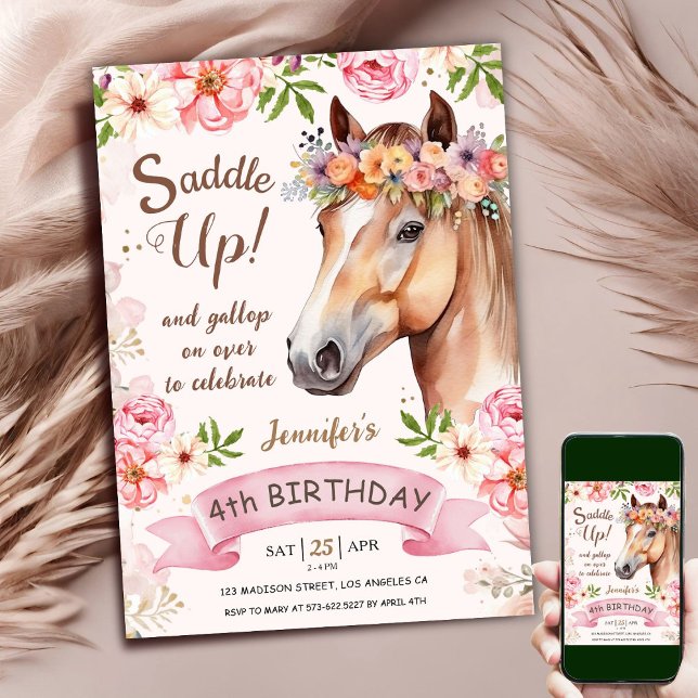Horse 4th Birthday Pink Rose Flowers Saddle Up Invitation (Creator Uploaded)