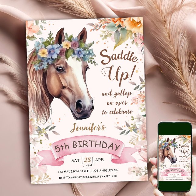 Horse 5th Birthday CowGirl Floral Saddle Up  Invitation (Creator Uploaded)