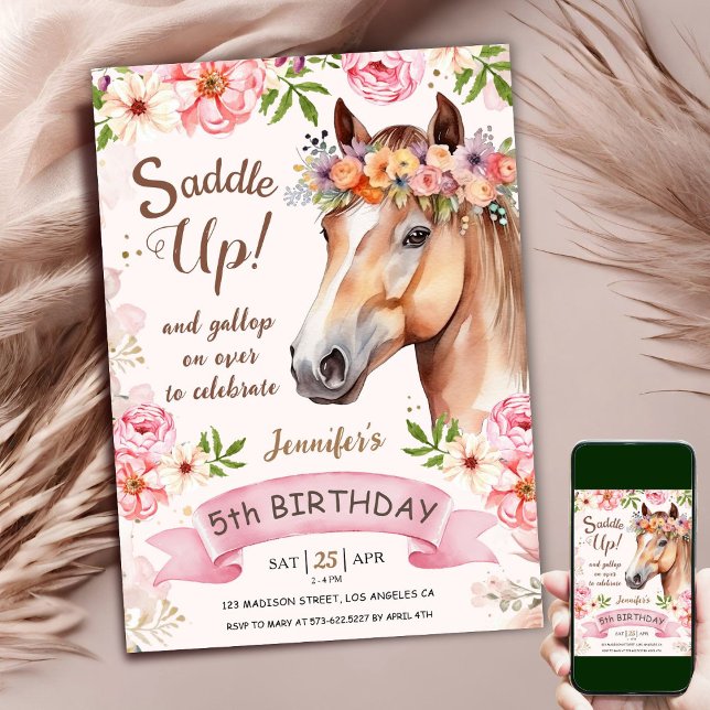 Horse 5th Birthday Pink Rose Flowers Saddle Up Invitation (Creator Uploaded)