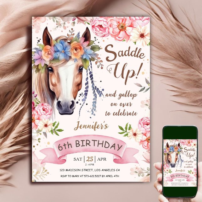 Horse 6th Birthday Girl Boho Flowers Saddle Up Invitation (Creator Uploaded)